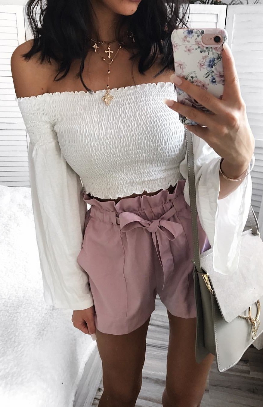 White Off The Shoulder Top + Blush Short