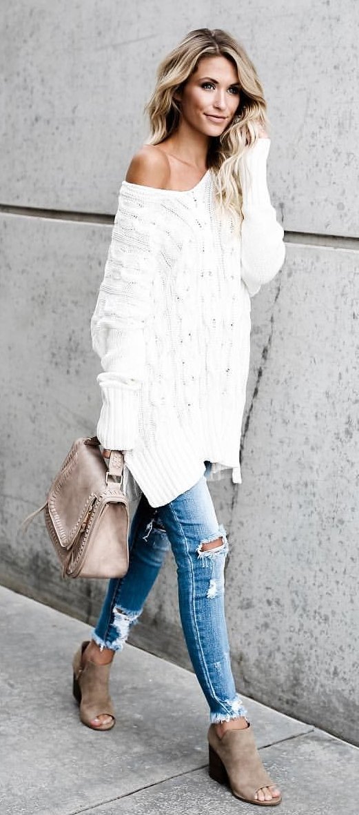 White One Shoulder Knit + Destroyed Skinny Jeans + Beige Suede Open Toe Booties