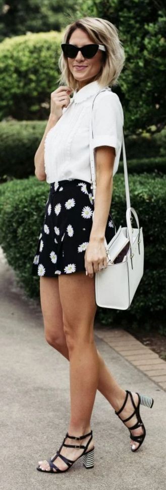 White Shirt + Black Floral Shorts