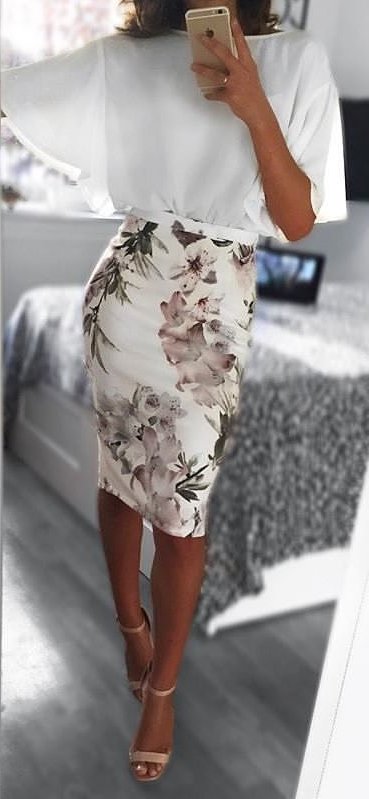 White Silk Blouse + White Floral Pencil Skirt