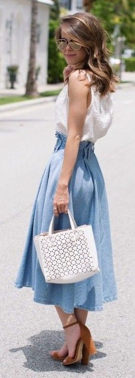 White Top +Midi Chambray Skirt + The Style Bungalow