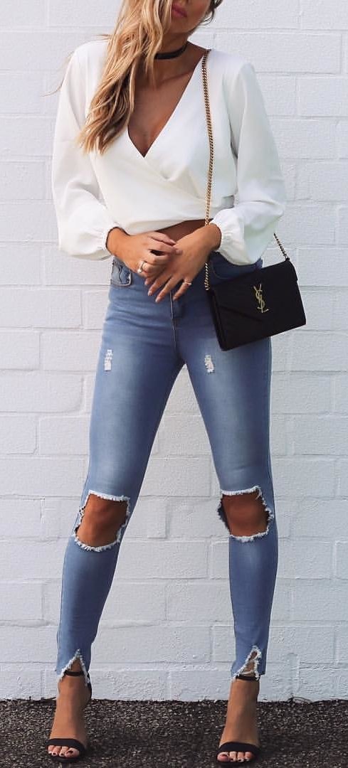 White Wrap Top + Destroyed Skinny Jeans + Black Sandals