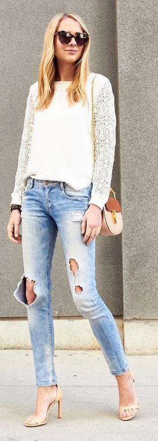 White ace Sleeve Top, Ripped Denim, Nude Sandals