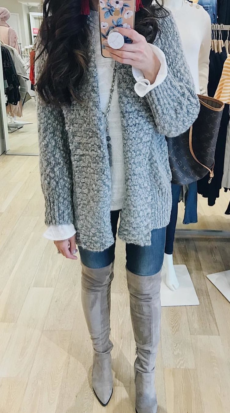 gray knitted cardigan