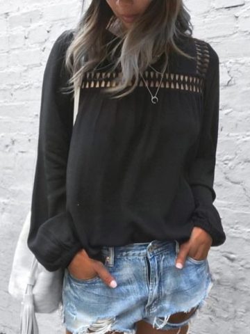 women's black sheer long sleeve shirt and denim shorts