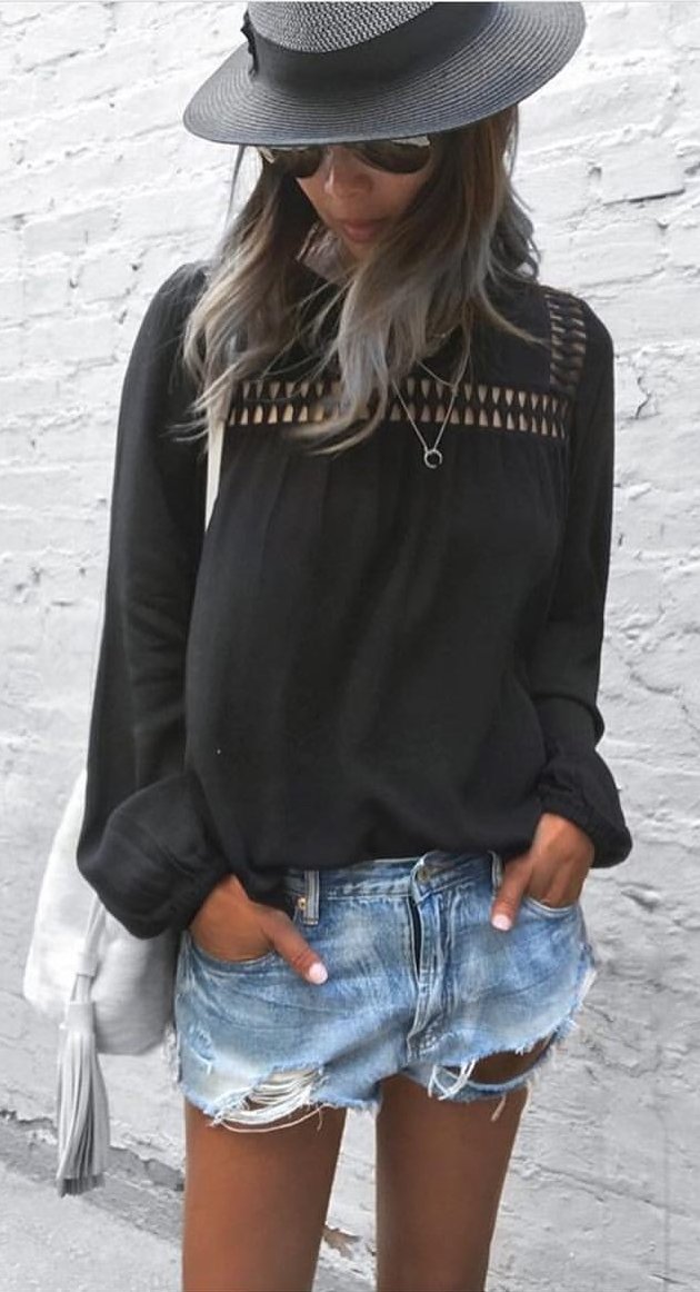 women's black sheer long sleeve shirt and denim shorts