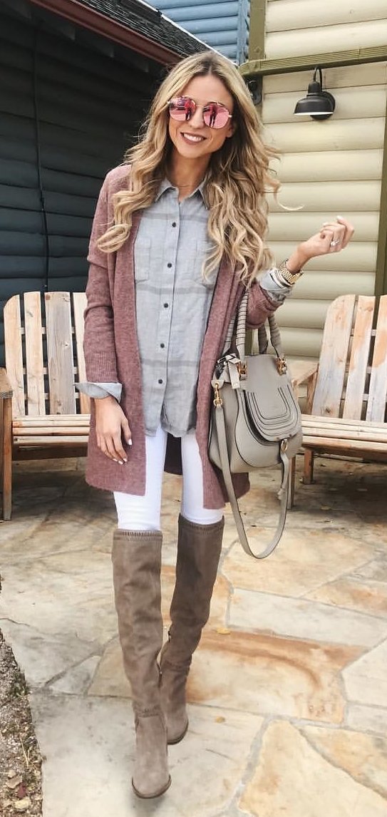women's blue denim button-up shirt; beige cardigan; pair of brown leather knee-high boots; and white bottoms outfit