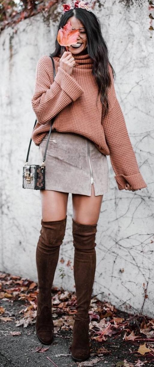 women's brown turtle neck swweater; grey zippered suede pencil mini skirt; pair of brown suede thigh high boots