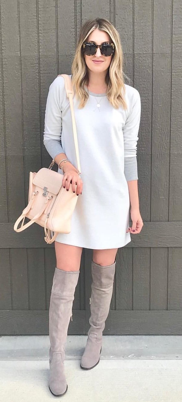 women's gray scoop-neck long-sleeve mini dress and gray knee-high suede boots