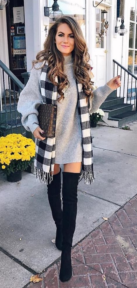 women's gray sweater with plaid scarf