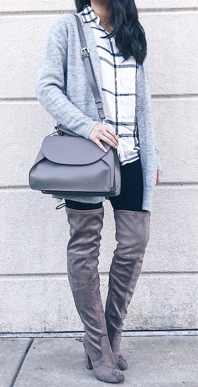 women's grey cardigan and grey leather shoulder bag