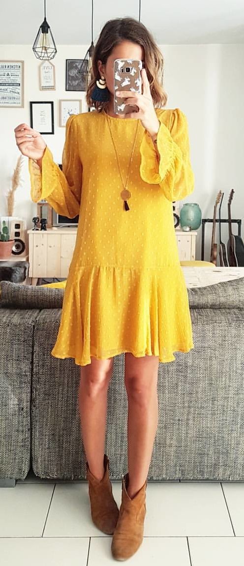 women's yellow long-sleeve mini dress