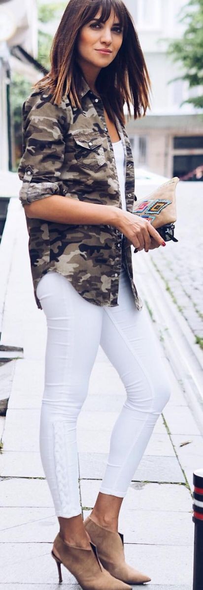 Camo Shirt + White + Nude Suede Booties