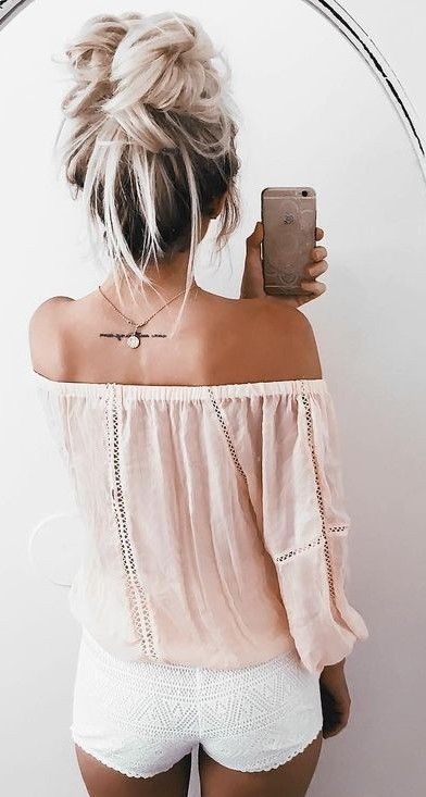 Peach Off Shoulder Top + White Lace Shorts