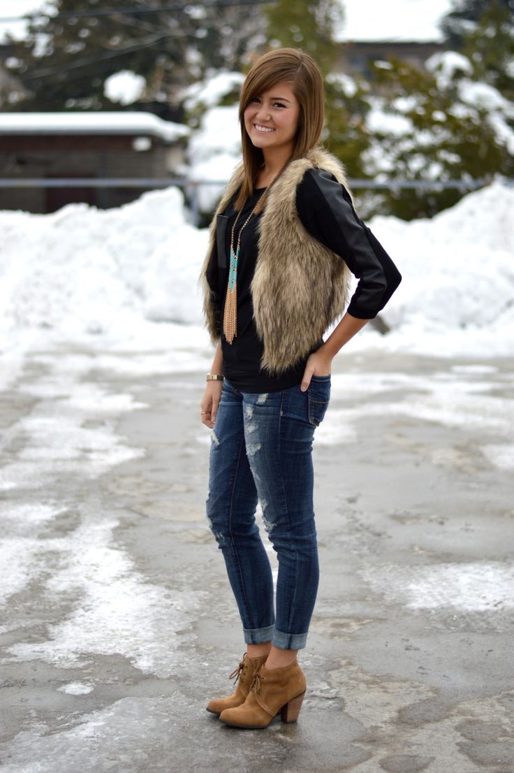 Urban style look that consists of fur vest