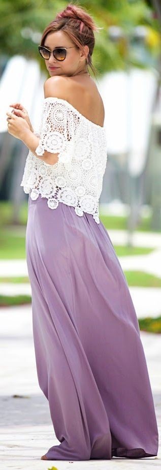 White Lace Off Shoulder Crop Top + Lavender Maxi Skirt