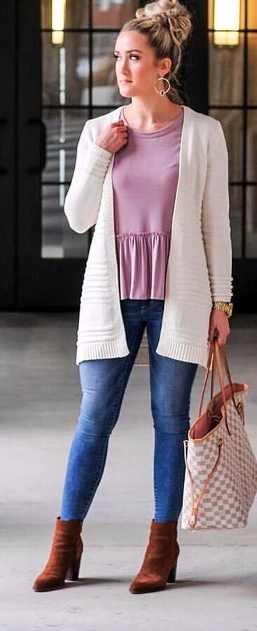 Beige cardigan, purple shirt, and blue jeans.  Fabulous Spring Outfits To Wear Now