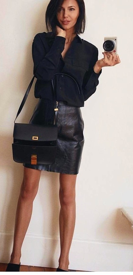 Black button-up long-sleeved shirt and black leather miniskirt. Pic originally posted by rome_fashion_style