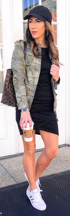Black dress + Military style jacket with white sneakers and black cap. Pic originally posted by livinglifepretty
