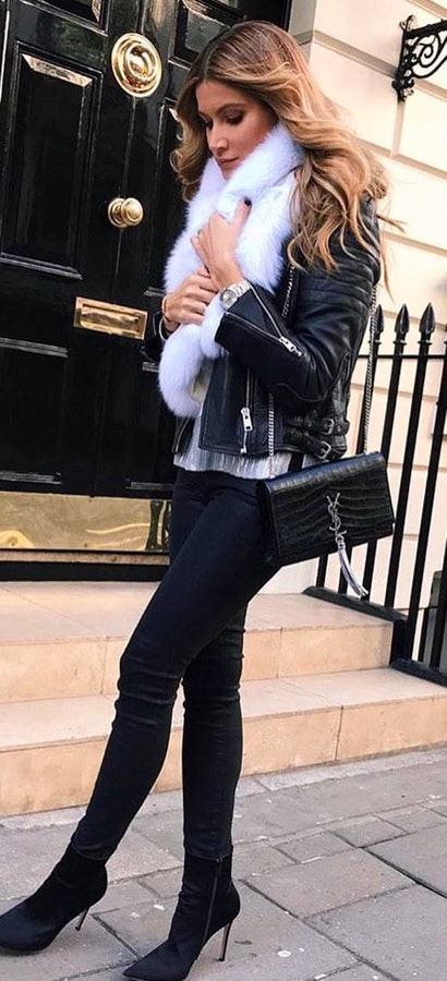 Black leather jacket with black leggings and white fur scarf. Pic originally posted by london_style_calling