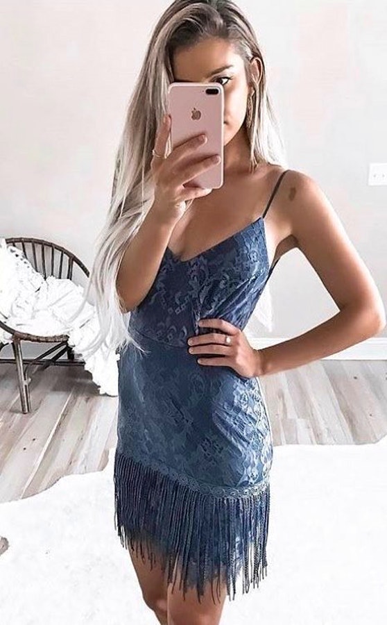 Blue floral spaghetti strap dress.