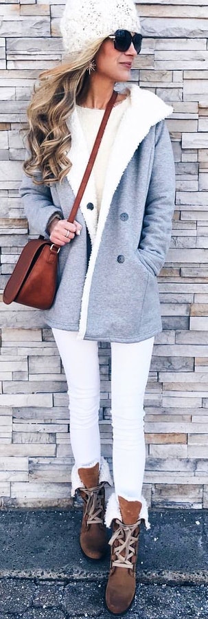 Gray and white coat and white pants.