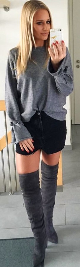 Gray long-sleeved blouse + Black shorts + Knee length boots. Pic originally posted by eva_188