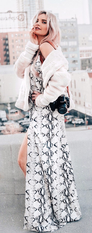 White and gray sleeveless dress with white coat. Pic originally posted by evaacatherine