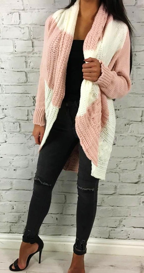 White and pink knit cardigan + Black top and jeans + Black high heels. Pic originally posted by styleheist