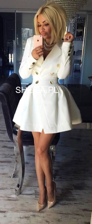 White mini dress + Nude high heels. Pic originally posted by sheila_exclusive
