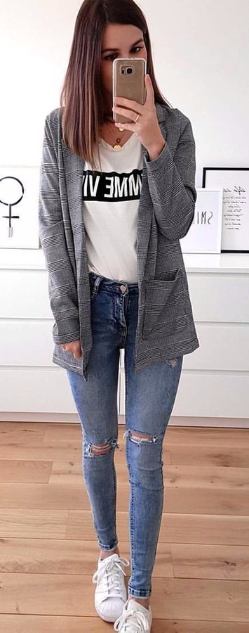 White shirt + Gray cardigan + Blue distressed jeans + White sneakers. Pic originally posted by nina_lessia