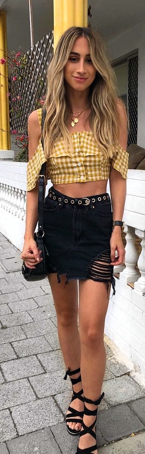 Yellow and White Mini Top + Blue Skirt + Black Sandals + Handbag. Pic originally posted by jessmariedel