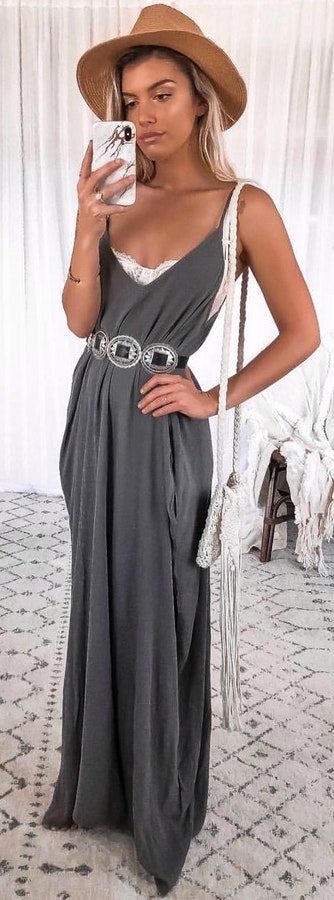 gray spaghetti strap maxi dress.