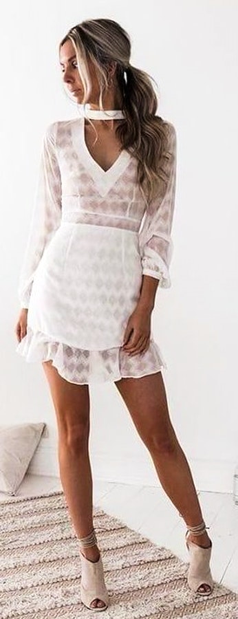 white lace v-neck long-sleeved mini dress.