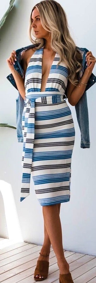 Blue, white, and black striped dress.