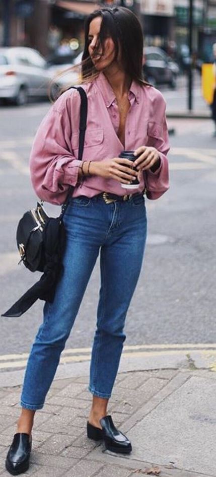 Blush blouse bag jeans loafers.