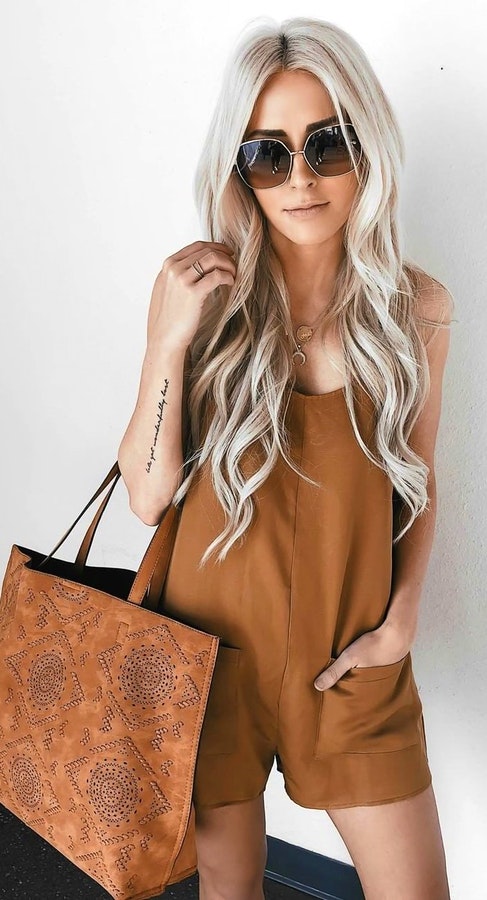 Brown Dress + Brown Leather Tote Bag + Sunglasses.