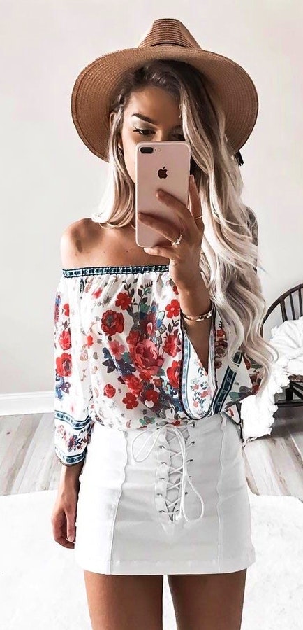 Brown Hat + Floral Off The Shoulder Top + White Lace-up