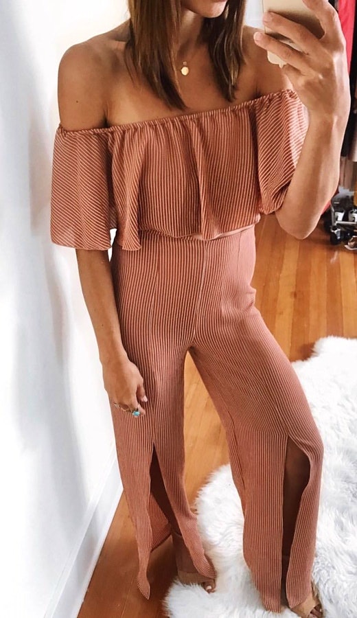 Brown and white pinstripe off-shoulder Bertha-collared slit jumpsuit.