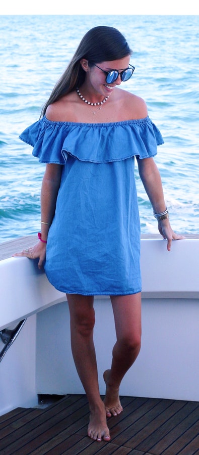 Chambray Ruffle Off-the-shoulder Dress