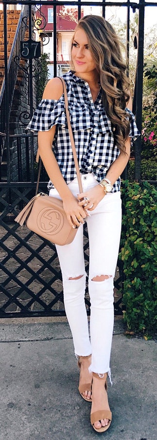 Checked Cold Shoulder Shirt & White Ripped Skinny Jeans