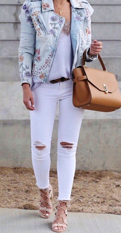 Embroidered Denim Jacket & White Ripped Skinny Jeans
