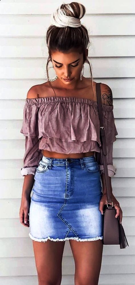 How to style a denim skirt off shoulder top and bag.