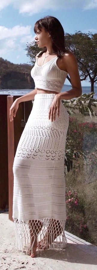 Knitted white crop top + Maxi skirt.