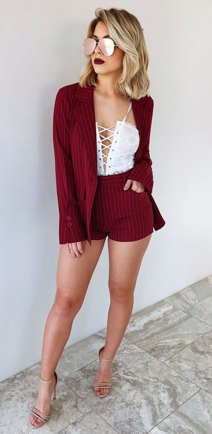 Maroon suit heels white lace up top.