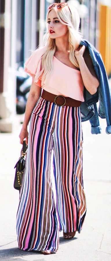 Pink Off The Shoulder Top & Striped Wide Pants
