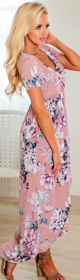 Pink and multicolored floral v-neck midi dress.