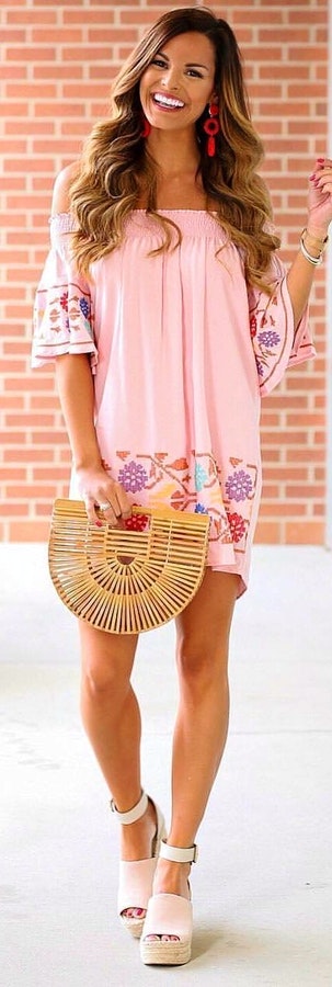 Pink and purple floral dress + White sandals.