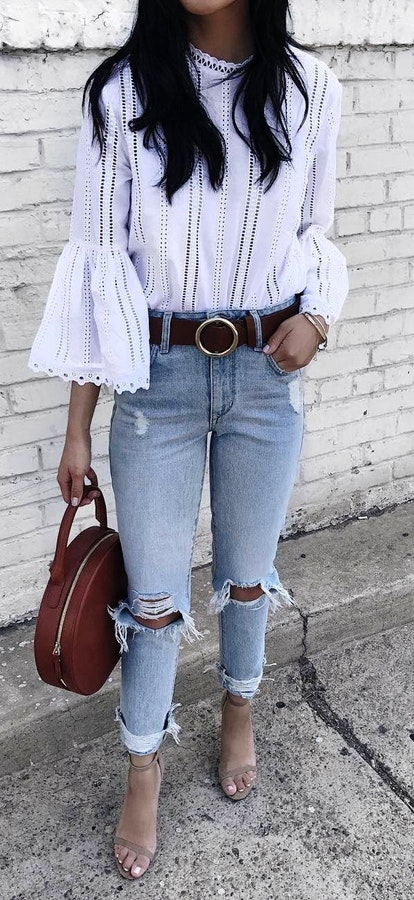 Striped Bell Sleeve Top + Ripped Skinny Jeans + Nude Sandals