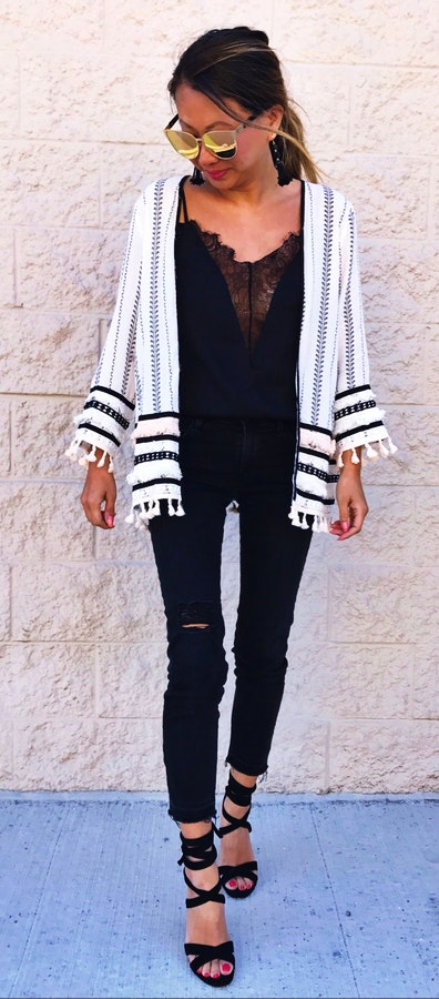 Striped Cardigan & Black Lace Blouse & Black Skinny Jeans & Black Sandals